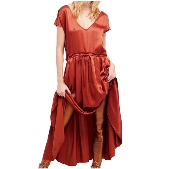 Free People Dresses & Skirts - EEUC Free People Love And Feeling Drawstring Satin Midi Dress in Copper Small